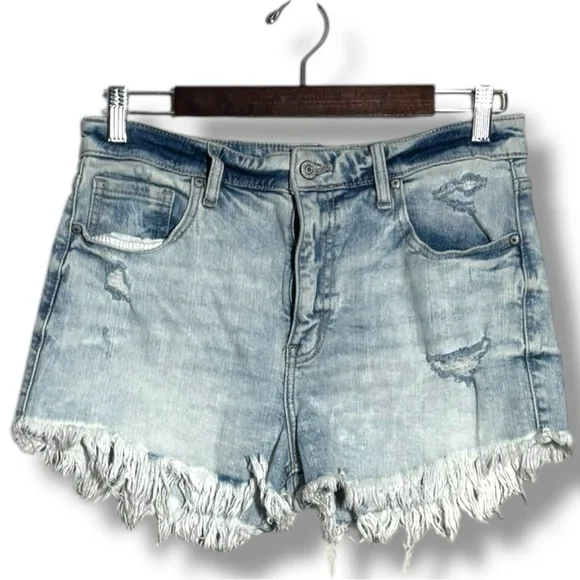 Eunina Light Blue Distressed Frayed Hem Micro Mini Jean Shorts - Picture 2 of 11